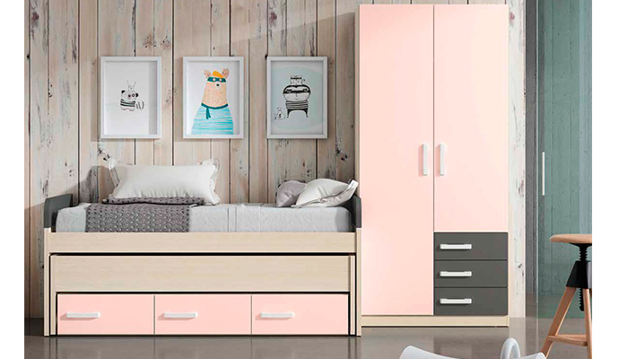 Dormitorio juvenil con frentes en rosa y pizarra