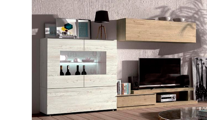 Muebles modulares de salón en color roble combinado con rustik.