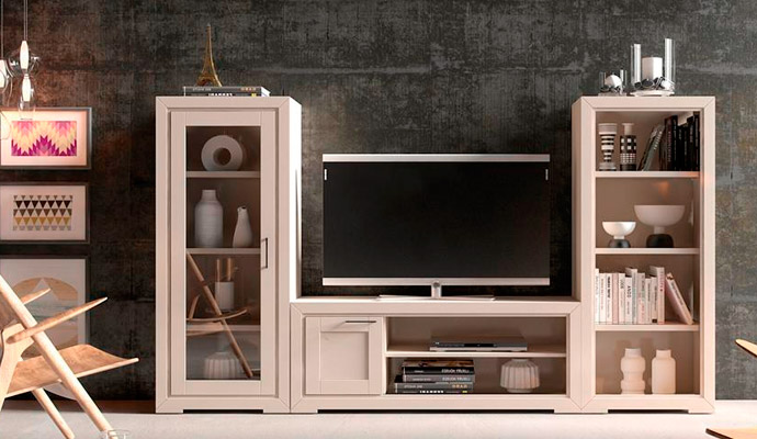 Composición de muebles de salón contemporánea en madera y arena