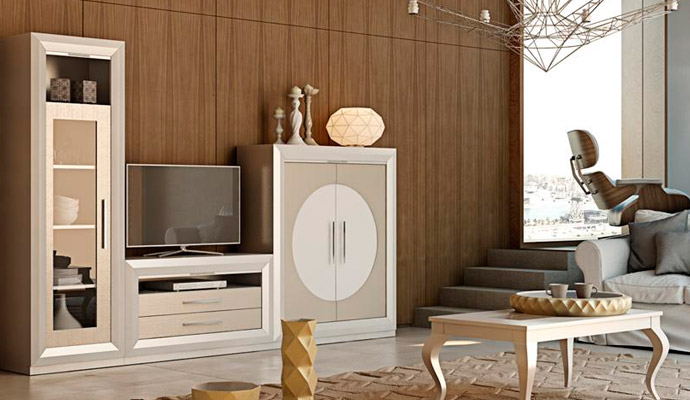 Composición apilable de salon con acabados en perla y champagne