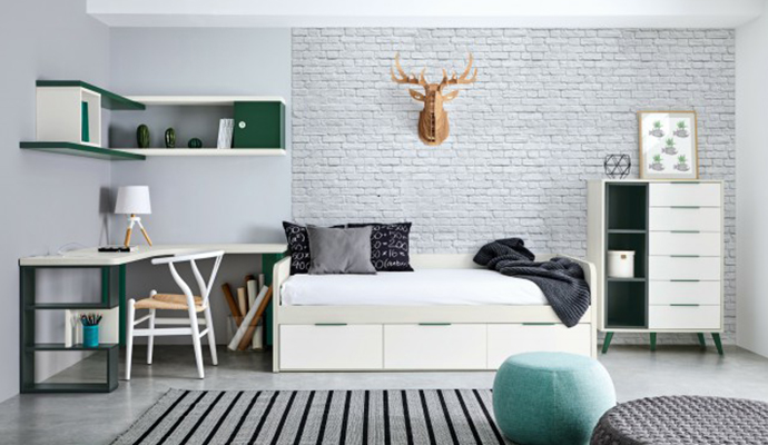 Dormitorio juvenil con cama compacta en blanco, antracita y musgo