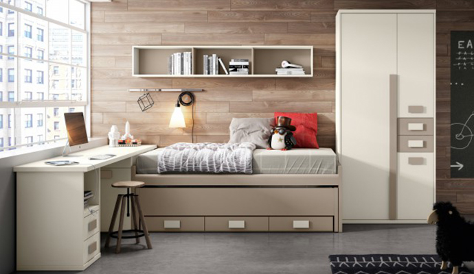 Dormitorio juvenil completo con acabados en marfil y mineral grey