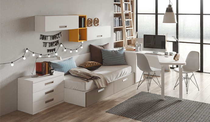 Dormitorio juvenil de estilo moderno en blanco, amarillo y gris