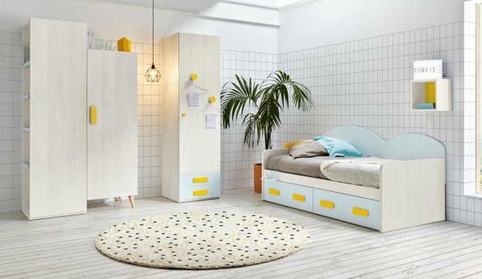 Dormitorio juvenil con cama nido en color Fresno, Curry y Azul pastel