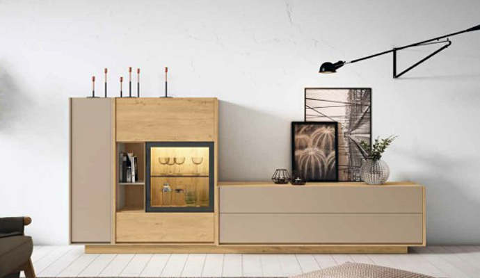 Mueble salón de moderno diseño en Roble natural y Latte