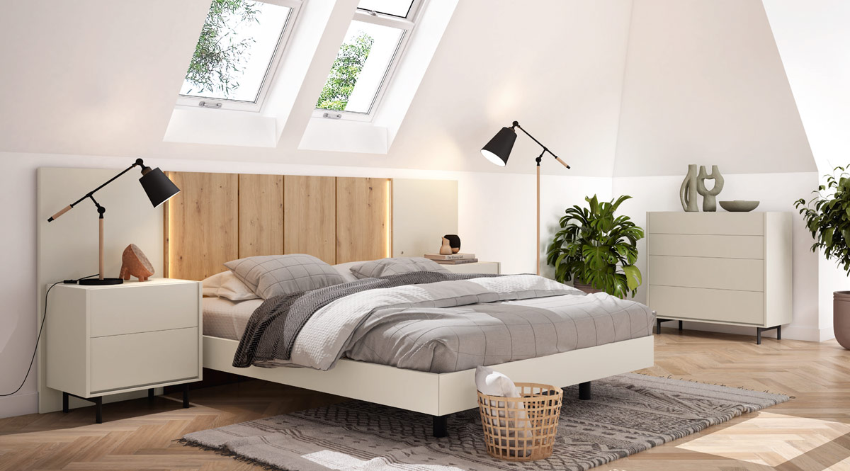 Dormitorio moderno con cabecero panelado 