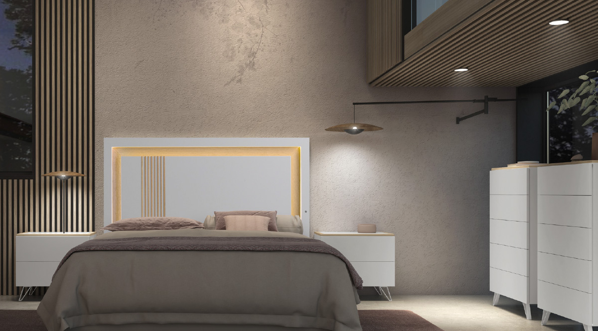 Moderno dormitorio con cabezal lacado en blanco mate