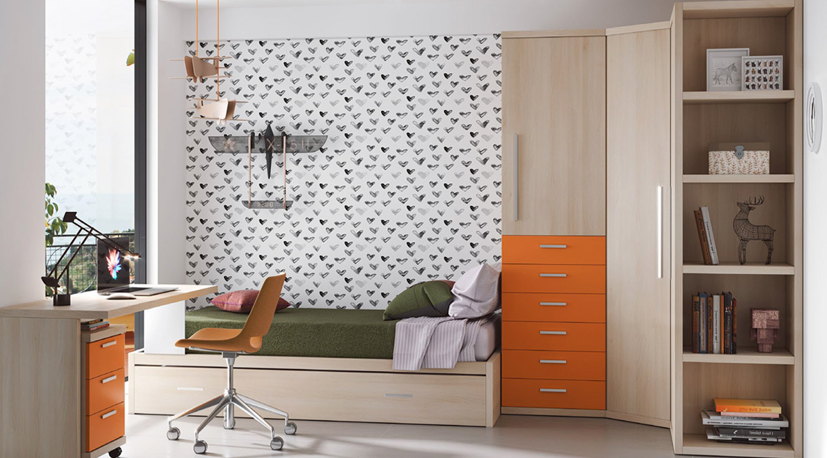 Composición de dormitorio juvenil completa con cama nido y cama de arrastre.