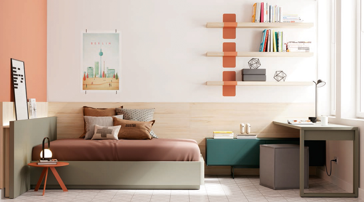 Composición de dormitorio juvenil con cama para colchón de 135x190 cms.