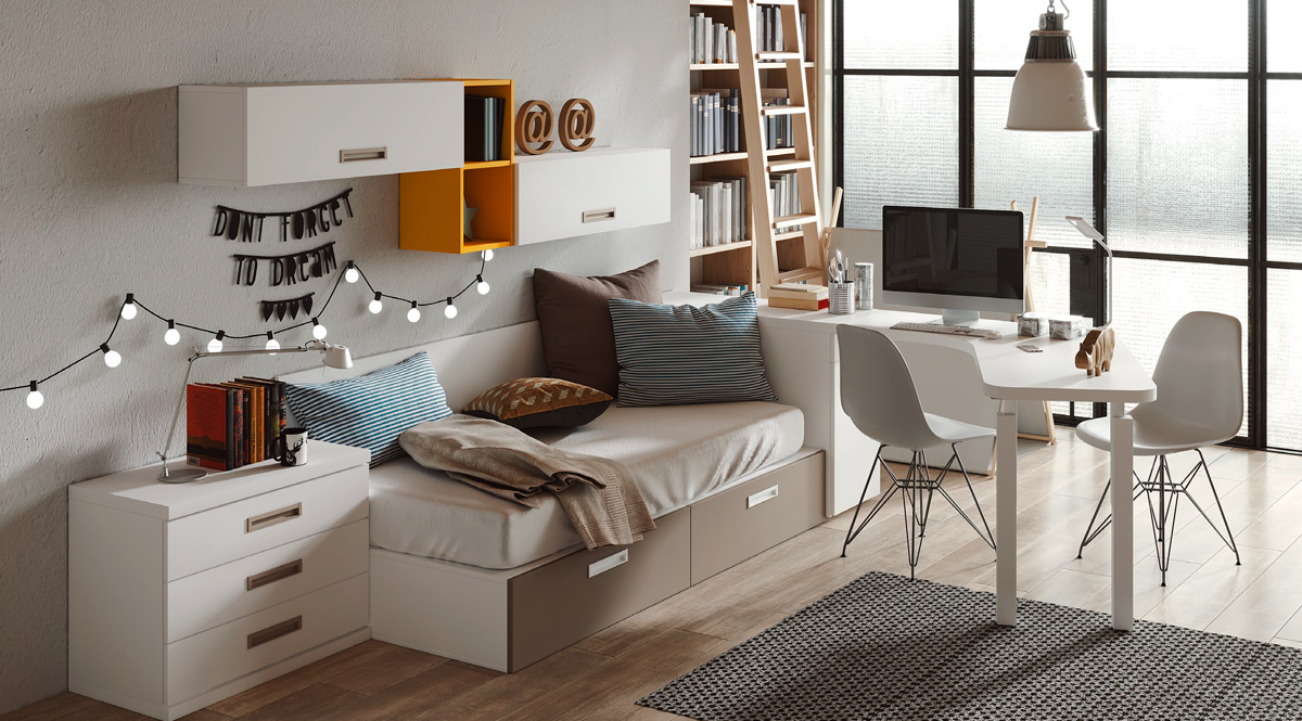 Dormitorio juvenil con cama litera nido con contenedores y zona de estudio