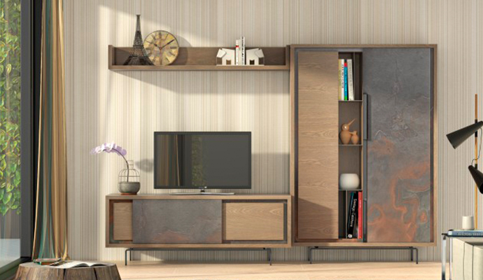 Mueble salón pizarra y madera